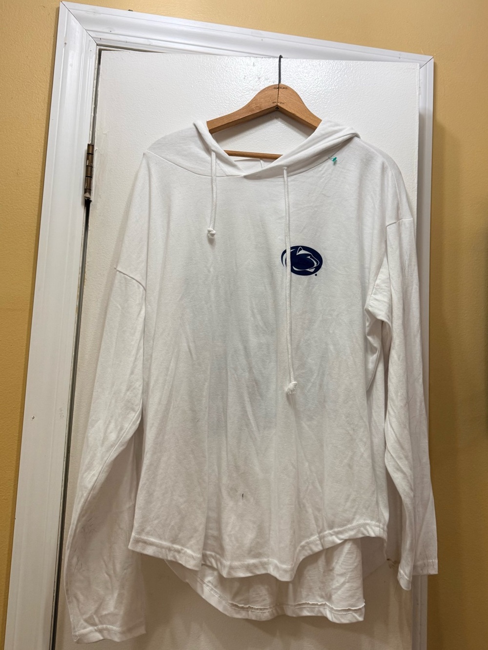 White Hooded Long Sleeve Shirt with Navy Penn State Logo!